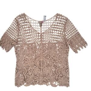 Boho Button Up Beach Cardigan NWT Questions by Say What Beige Crochet Knit  XL